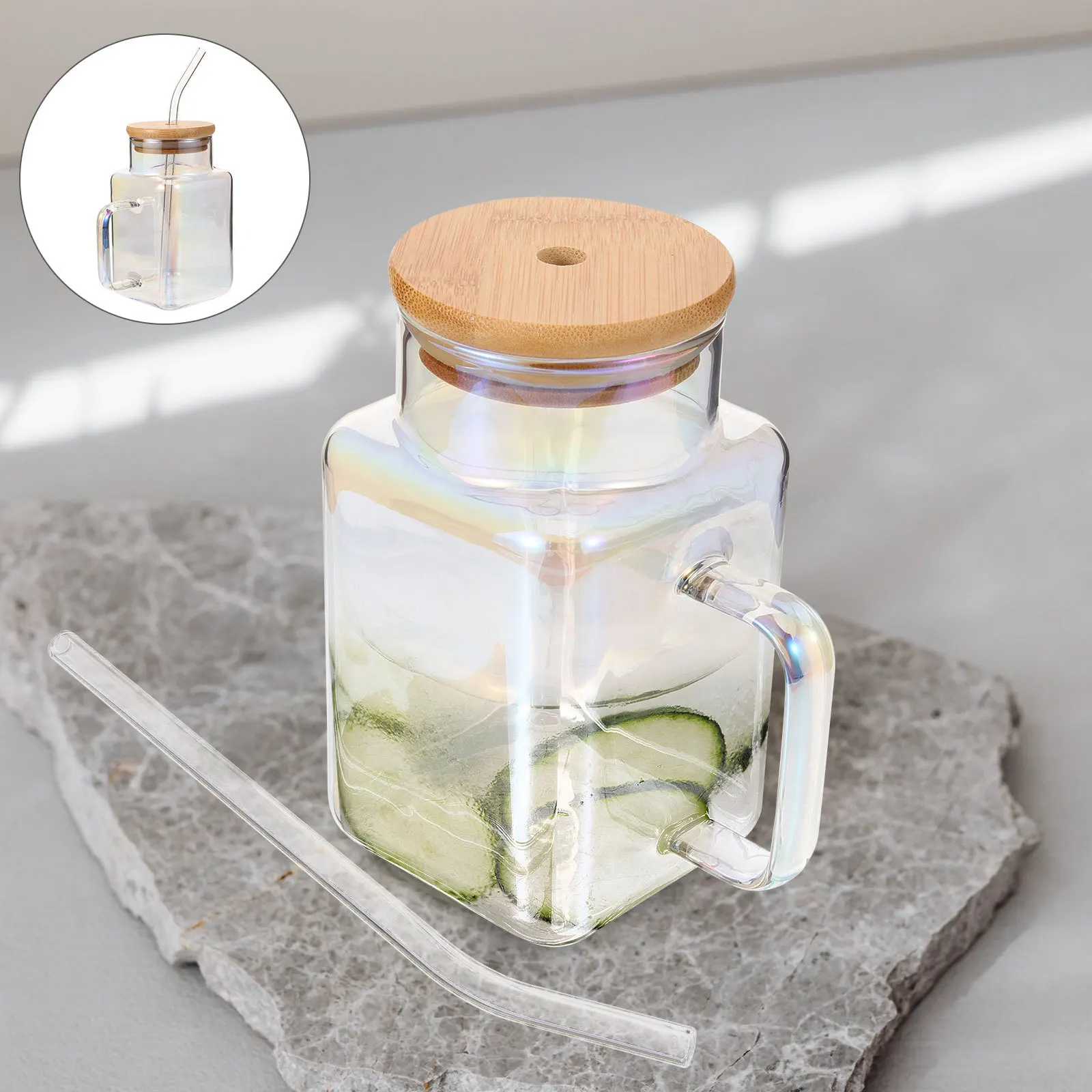 

Laser Milk Tea Glass Cup with Handle and Straw Large Capacity Reusable Clear Drinking Glass for Coffee Juice Cocktail Home