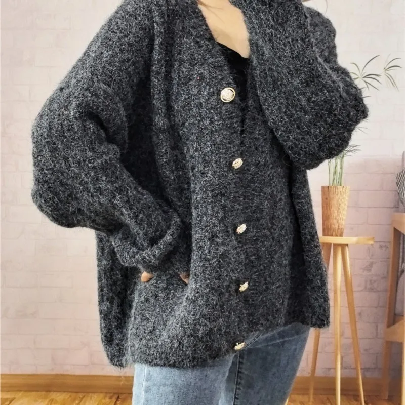 Gebreide luie stijl effen kleur damesjas losse knopen vesten jas winter warm houden trui jas mode casual tops