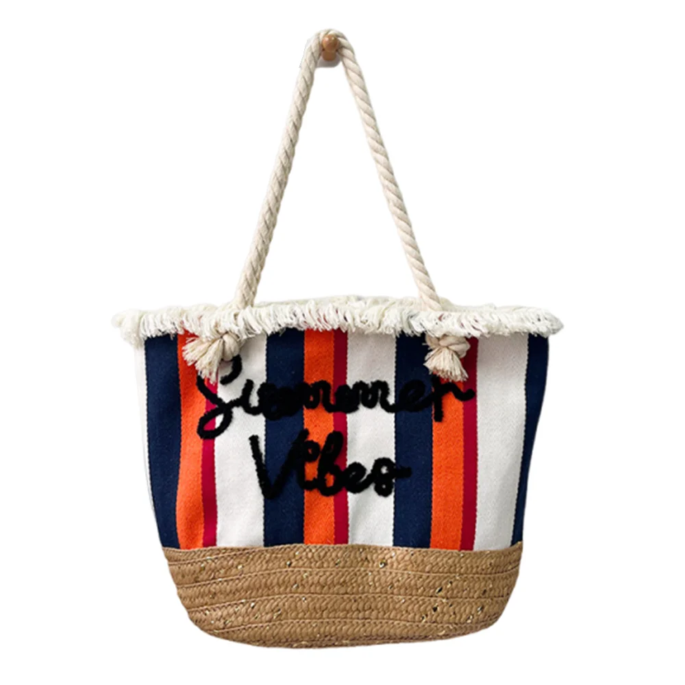 

Stripes Straw Woven Handbag Letter Embroidery Soft Beach Weave Tote Bag Casual Large Capacity Bohemian Shoulder Bag Girls