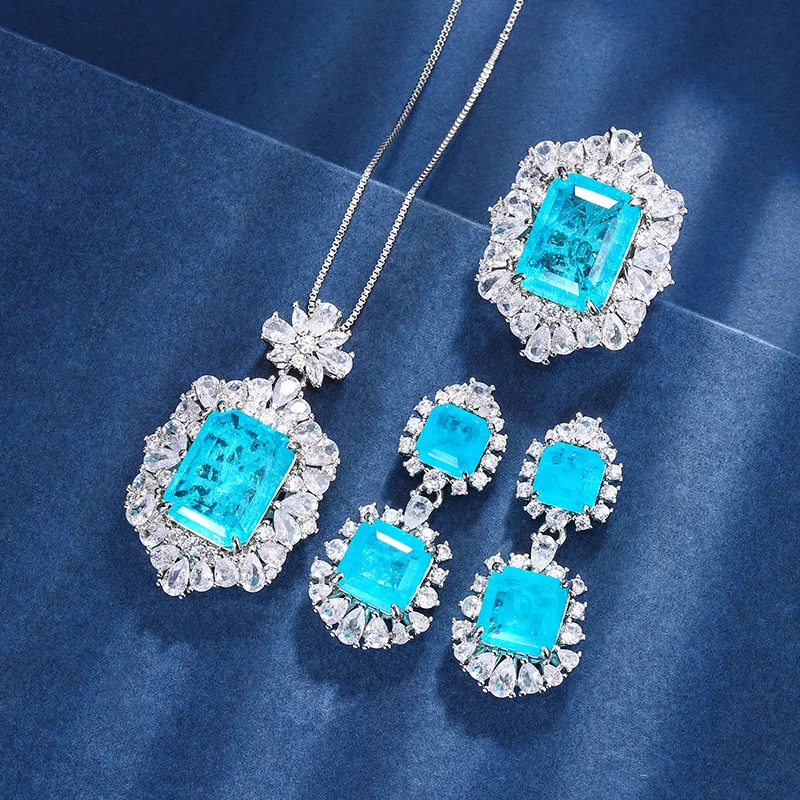 

New three-piece set Gold-plated Paraiba vintage high-end square set12*16