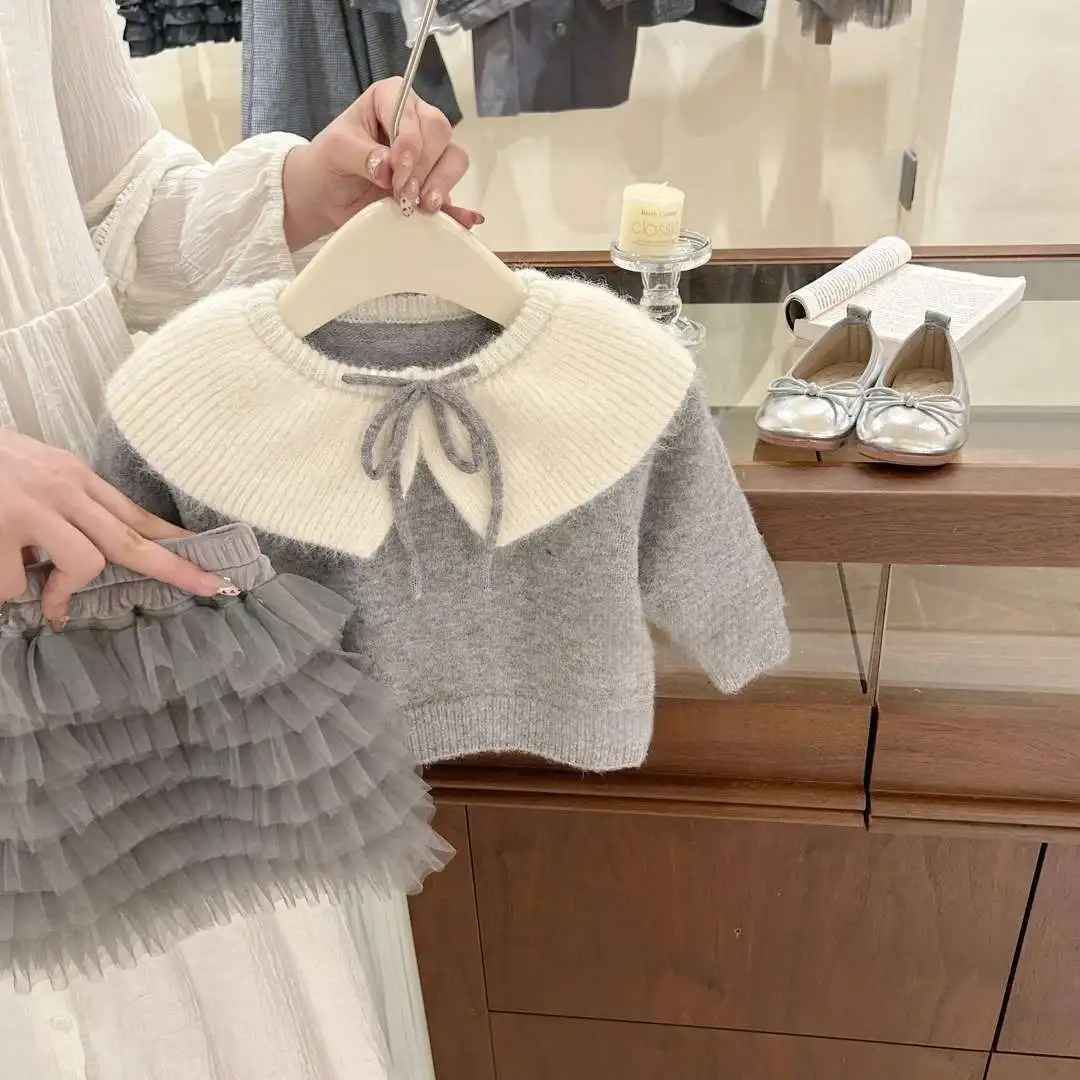 Girls' Autumn and Winter Small Fragrance Gray Sweater with Plush Cake Skirt Two-piece Set Cross-border
