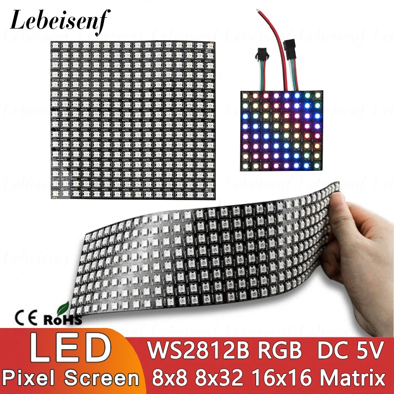 Ekran LED cyfrowy pikseli WS2812B SMD 5050 DC 5V 8x8 8x32 16x16 - 256 RGB adresowalny i programowalny elastyczny Panel kropek