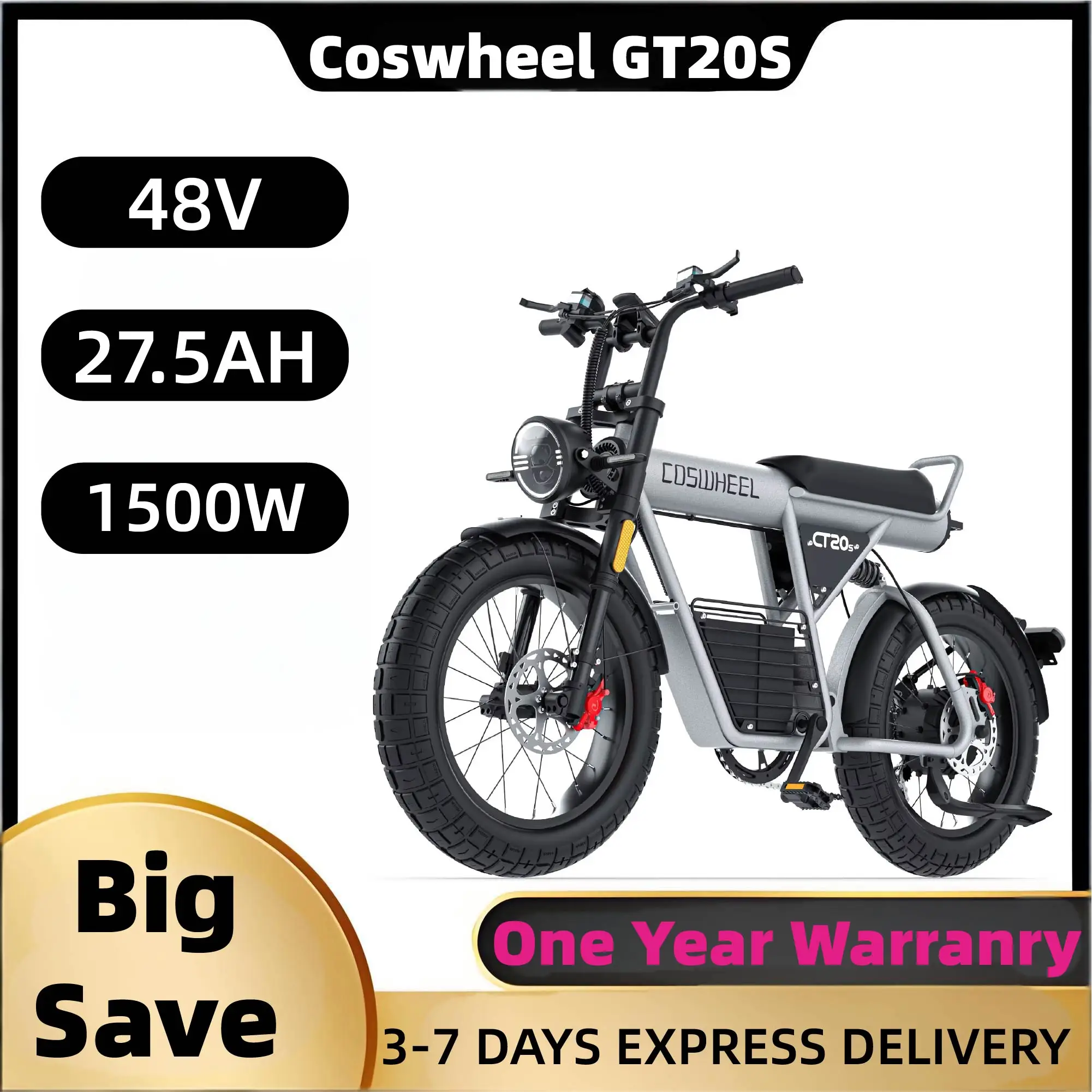 

Coswheel GT20S adult E-bike 1500W 48V27.5Ah battery commute Electric Bike,20-inch Fat Tire E-Mountain bike