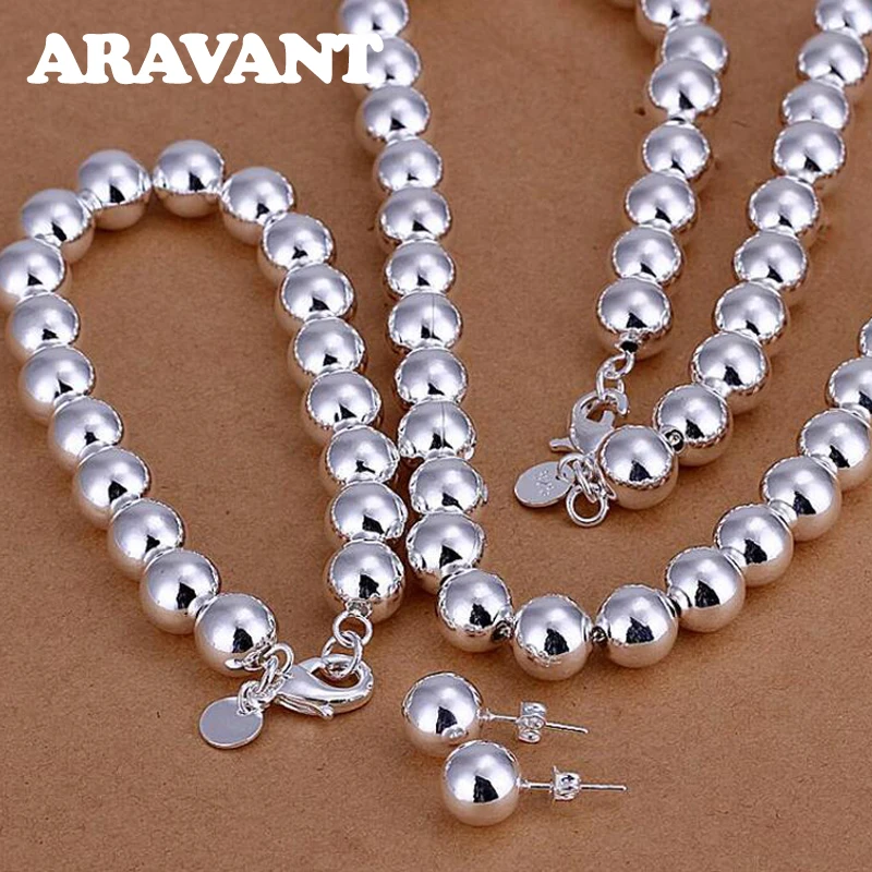 Aravant 925 Silver 8MM/10MM Bead Bracelets Necklace Chains Set For Men Women Fashion Jewelry