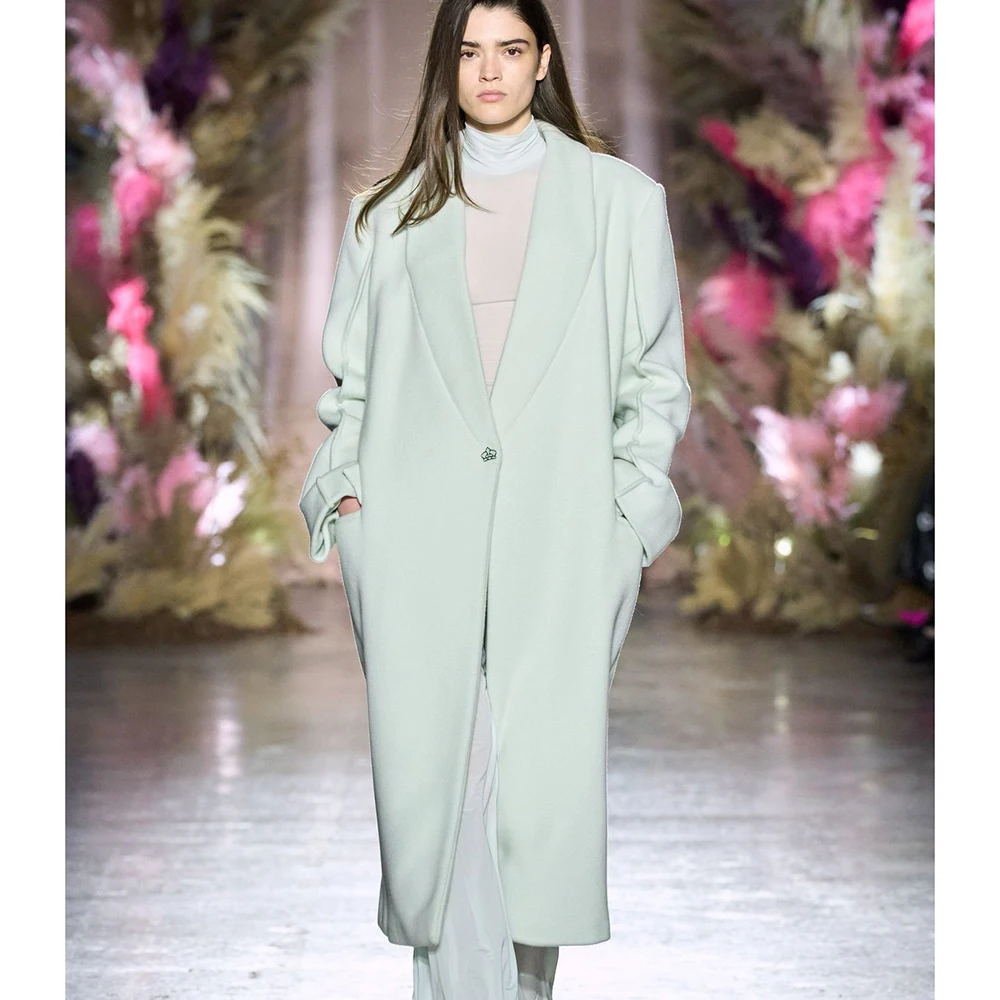 Single Button Shawl Lapel Oversized Long Coat Women Light Green Loose Blazer Autumn Winter Elegant Minimalist Chic Overcoat