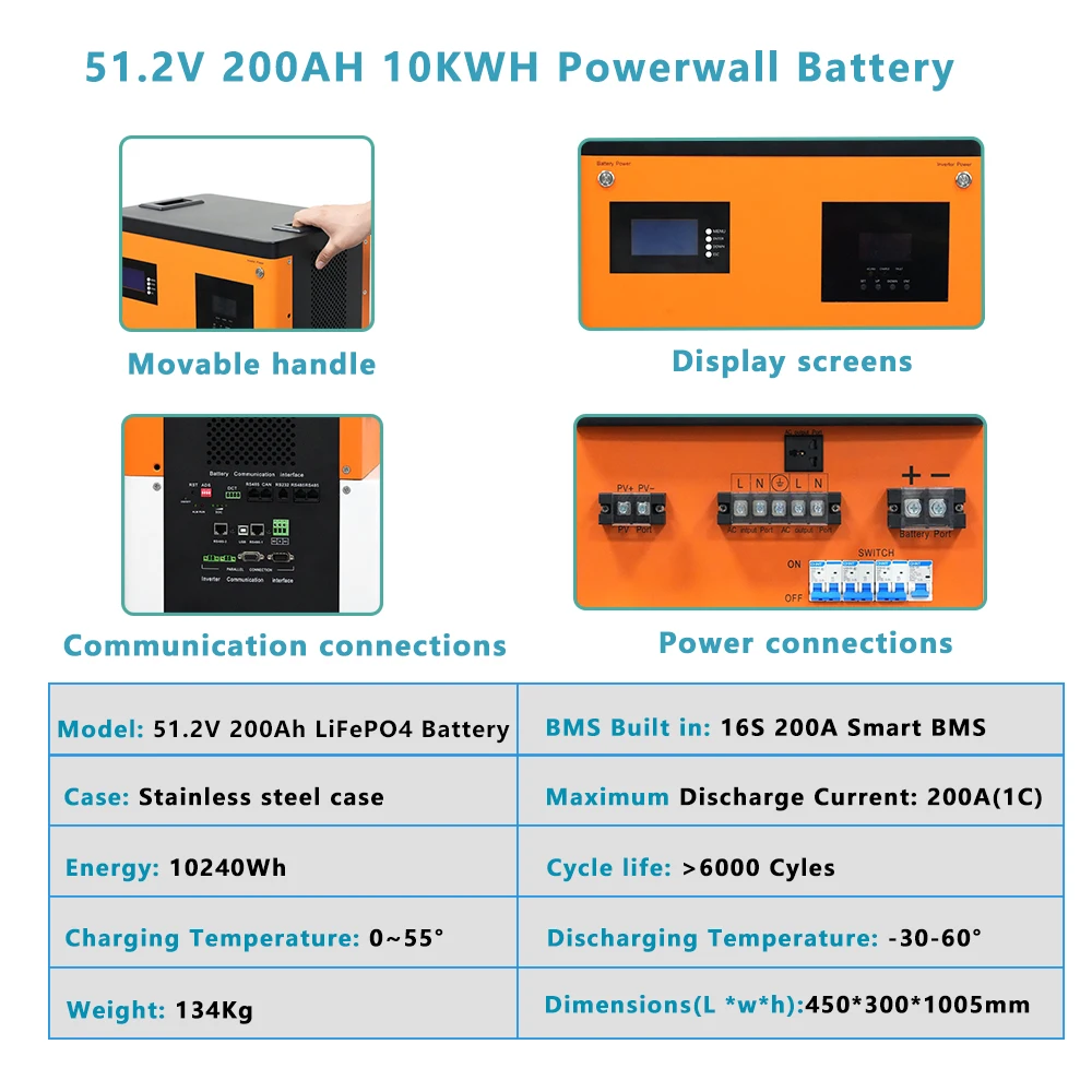 TEZE 5KWH 7.5KWH 10KWH All-in-One Grade A 51.2V 100AH-200AH LifePo4 Battery Pack Built-in Inverter BMS 6000 Cycles Powerwall