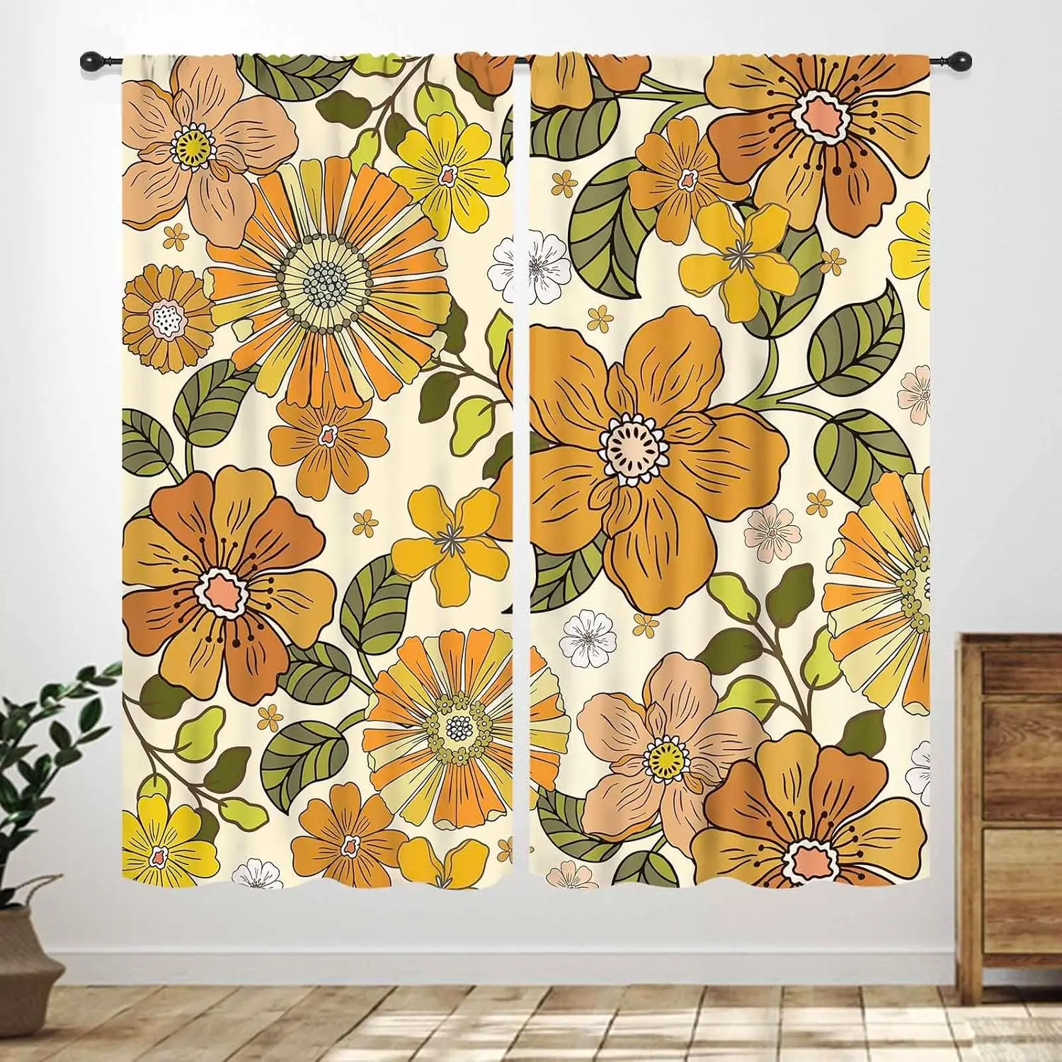 Retro 70s Floral Curtains for Kitchen,Groovy Funky Floral Hippie Orange Flower Pattern Boho Trippy Modern Aesthetric Cafe Small