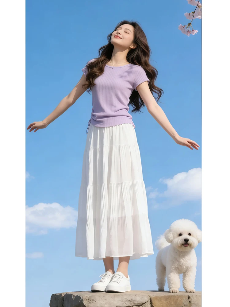 

Fashionable Knitted Slim Fit Short Sleeve T-Shirt And High Waist Skirt Women's Summer Casual Wear Two Piece Set