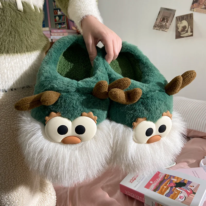 

Novelty christmas deer girls slippers with hair woman fuzzy designer home fluffy shoes for women platform eva slides house