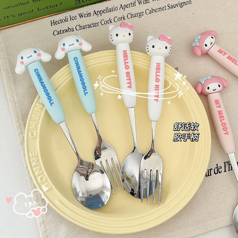 Hello Kitty Kawaii My Melody Cinnamoroll 304 Stainless Steel Spoon Fork Anime Sanrio Girl Heart Cute Silicone Cutlery Set