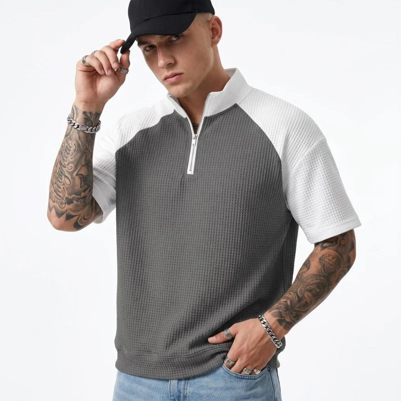 Men's Streetwear Waffle T-Shirt Color Block Short Sleeve Stand Collar Zip Up Polo Shirt Hip Hop Summer Fashion Casual Loose Tops