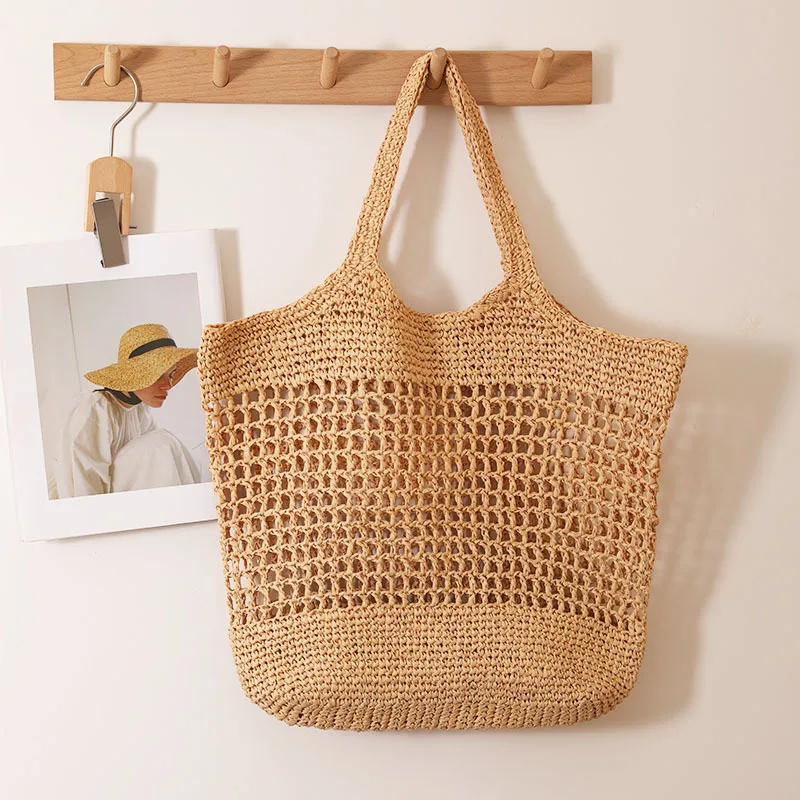 Bolso de mano informal de paja ahuecada para mujer, bolso de hombro tejido a mano, gran capacidad, para playa, Verano