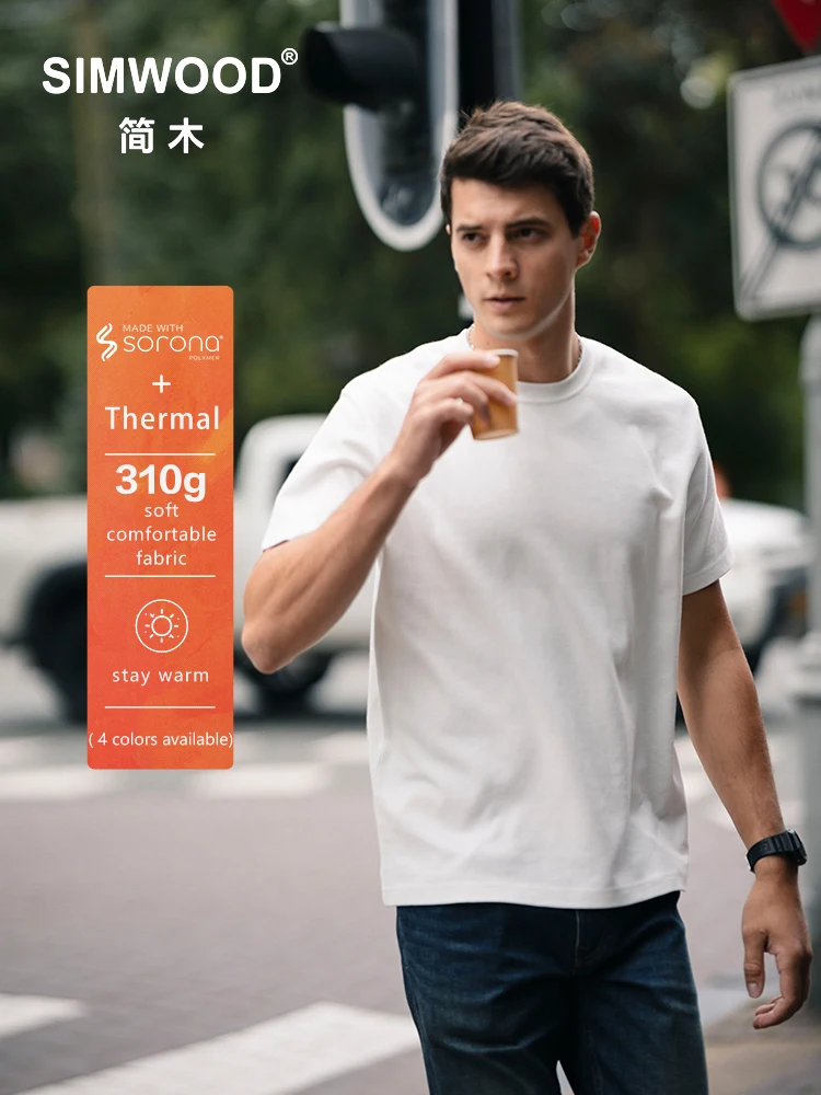 SIMWOOD 2024 Early Autumn New Basic Layer 310gsm Thermal Fabric Regular Fit T-shirts Men Soft Brushed Process Comfortable Tops