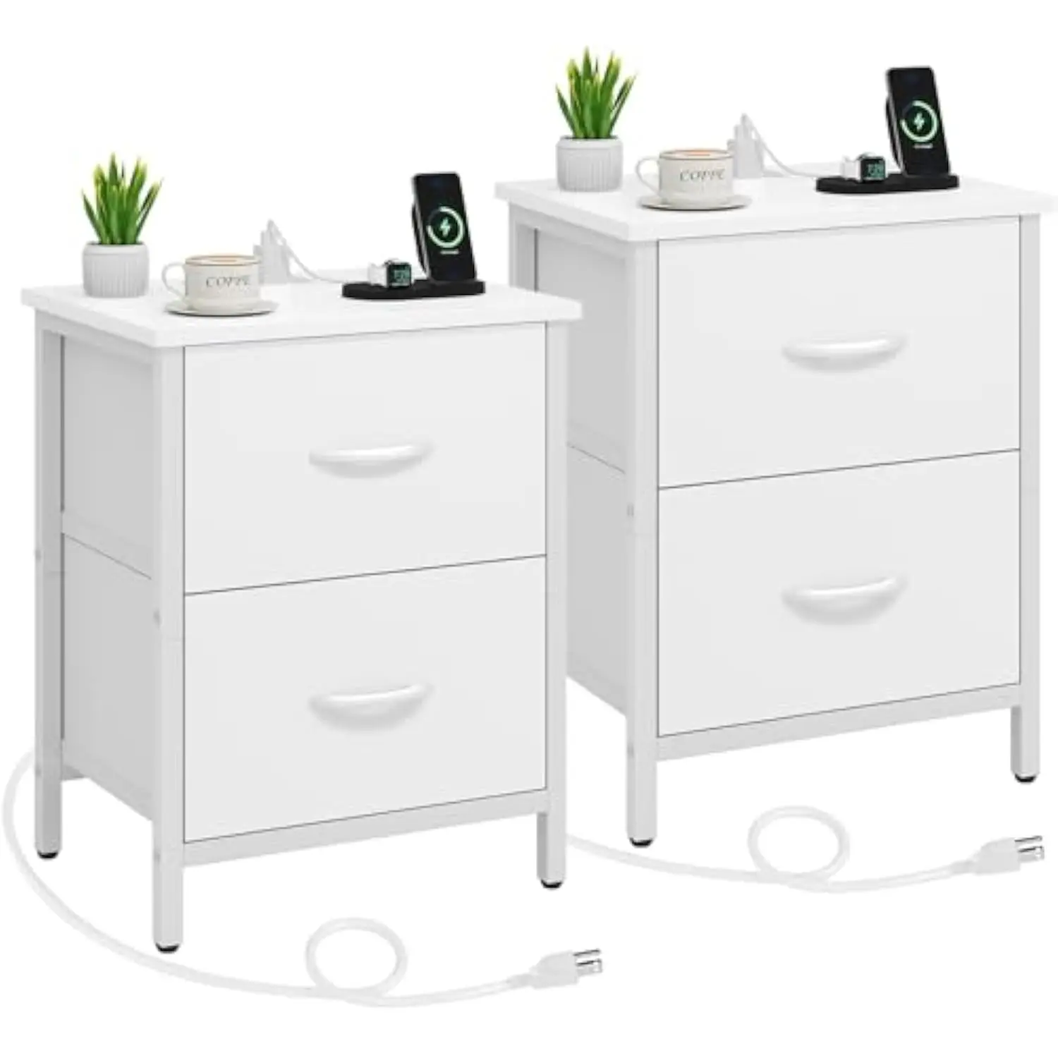 

Nightstand Set of 2 with Charging Station, End Table Bedside Table with Power Outlet & USB Ports, Side Table with 2 Fabric Dra