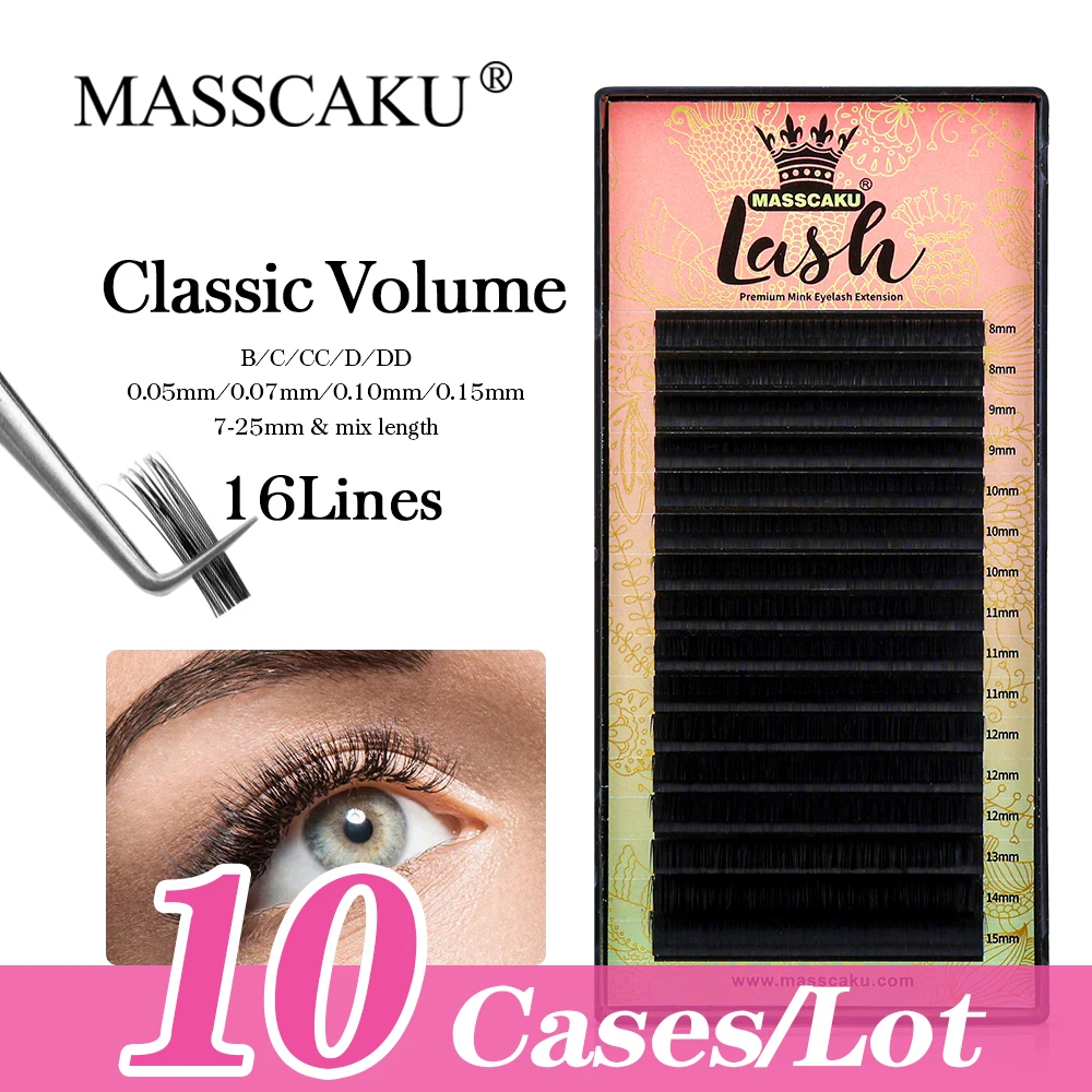 New MASSCAKU 10cases/lot Eyelashes Extension Classic 16 Rows C/CC/D/DD/J/M Soft Lightweight Individual Lashes for Makeup Salon