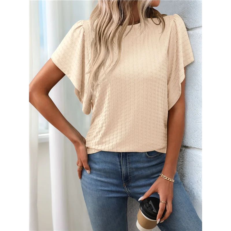 Women's Formal Casual Business Shirts Summer Shirts Short Sleeves Round Neck Lotus Leaf Sleeves Suits 2025