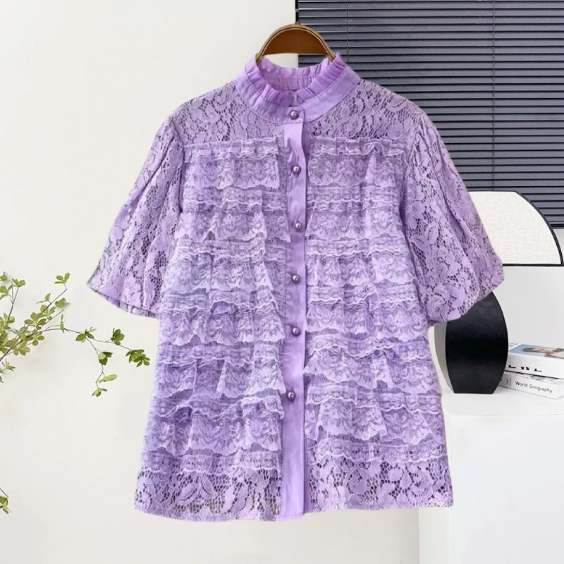 

2025, новинка, европейская, одежда, свободная, блузка, мода, сексуальная, подставка, оборки, высококачественное кружево, пэчворк, пуговицы, женские, с коротким рукавом, топы, 52080