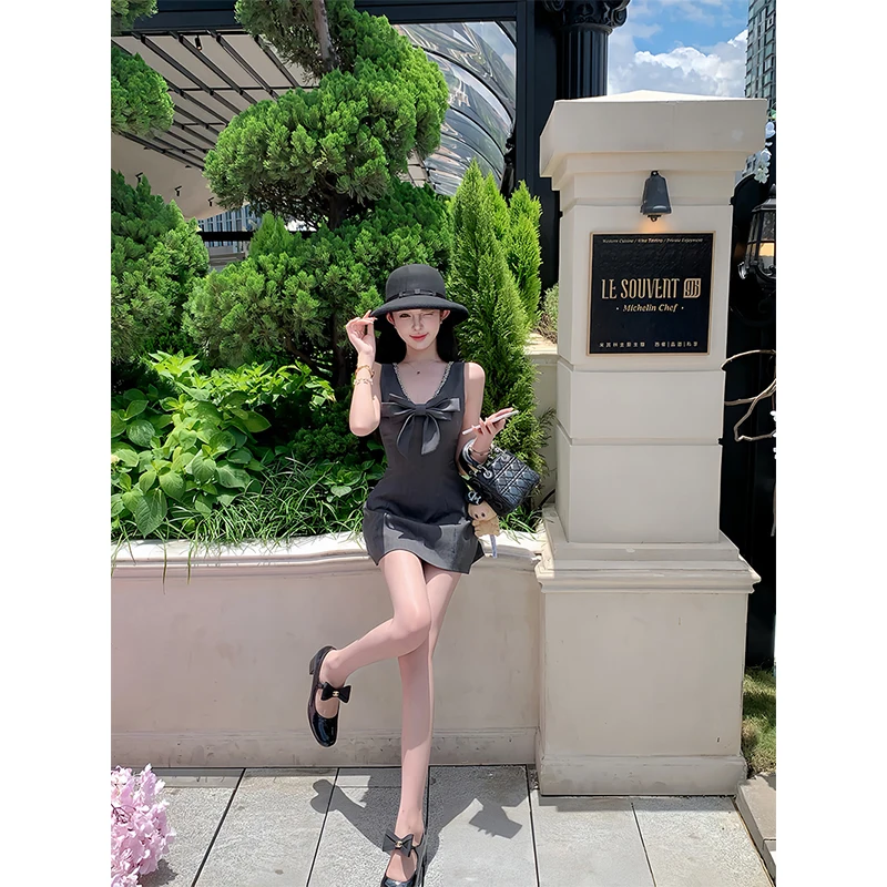 MEXZT Elegant Bow Mini Dress Women Party Beading Patchwork Sleeveless Dresses Summer Vintage Sexy V Neck Bodycon Design Vestidos