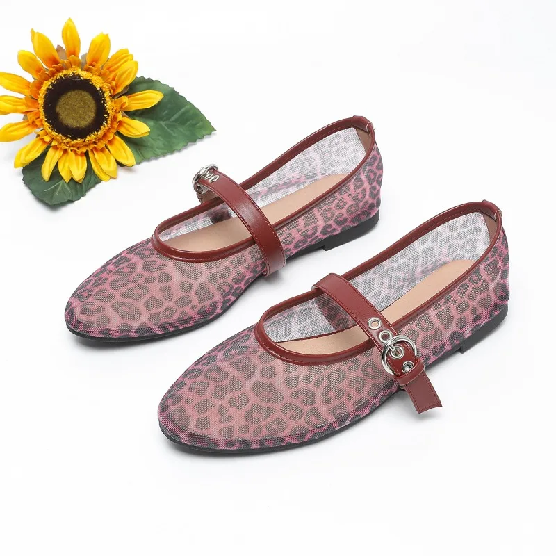 

Spring Summer Women Flats Shoes Round Toe Mesh Breathable Shoes for Woman Large Size 42 43 Mary Janes Shoes Leopard