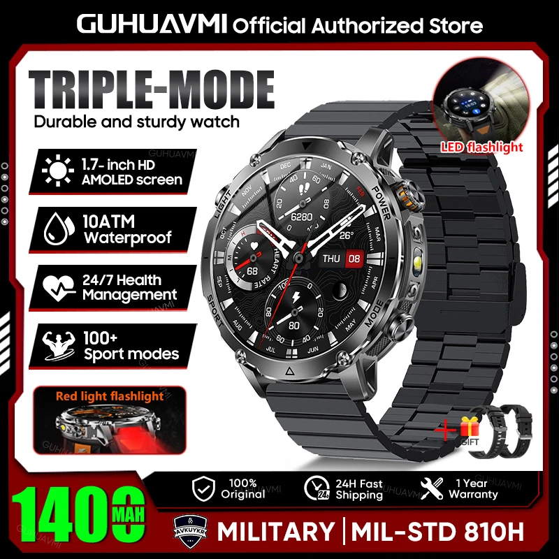 2026 Neue TANK Ultra 1400mAh Batterie Militär-Smartwatch 10ATM Wasserdicht Herzfrequenz Taktische LED-Taschenlampe Herren Sportarmband