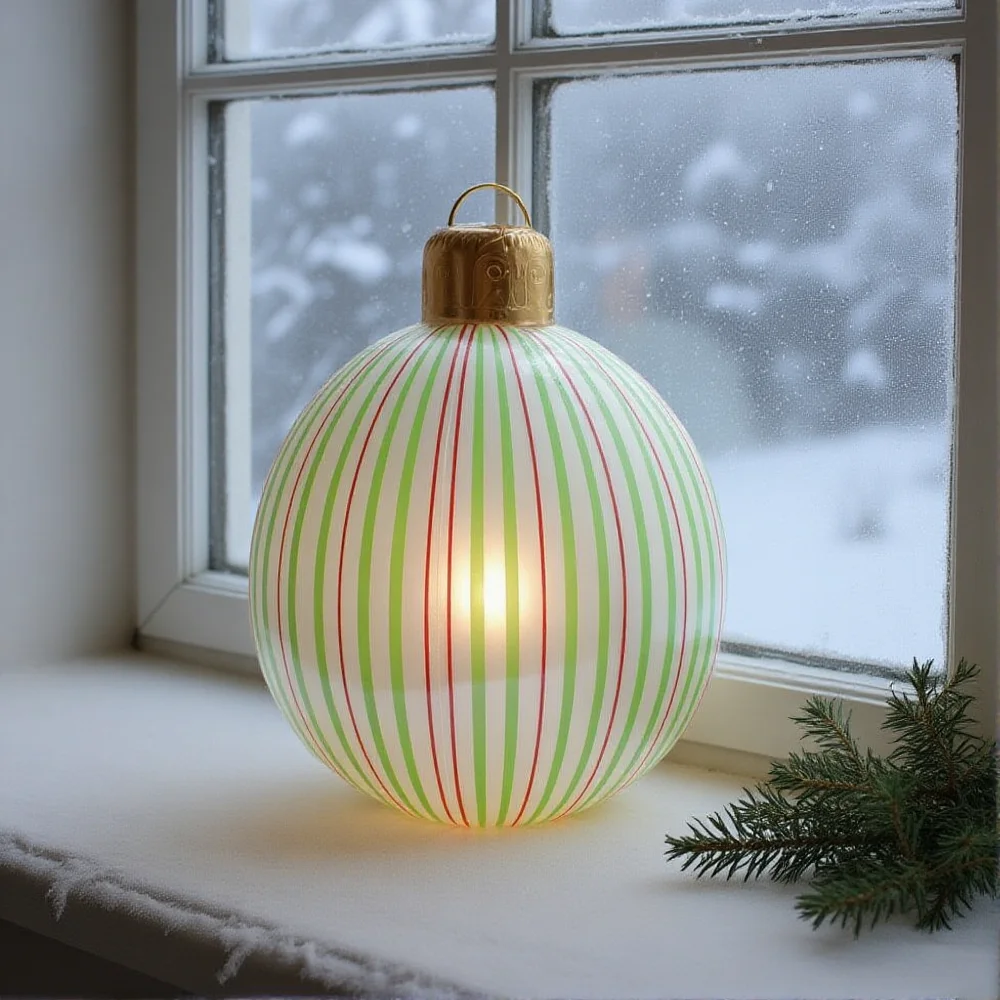 22-calowa gigantyczna nadmuchiwana bomba choinkowa, pogrubiona bomba choinkowa z PVC w paski, dekoracja świąteczna na zewnątrz, na podwórko.