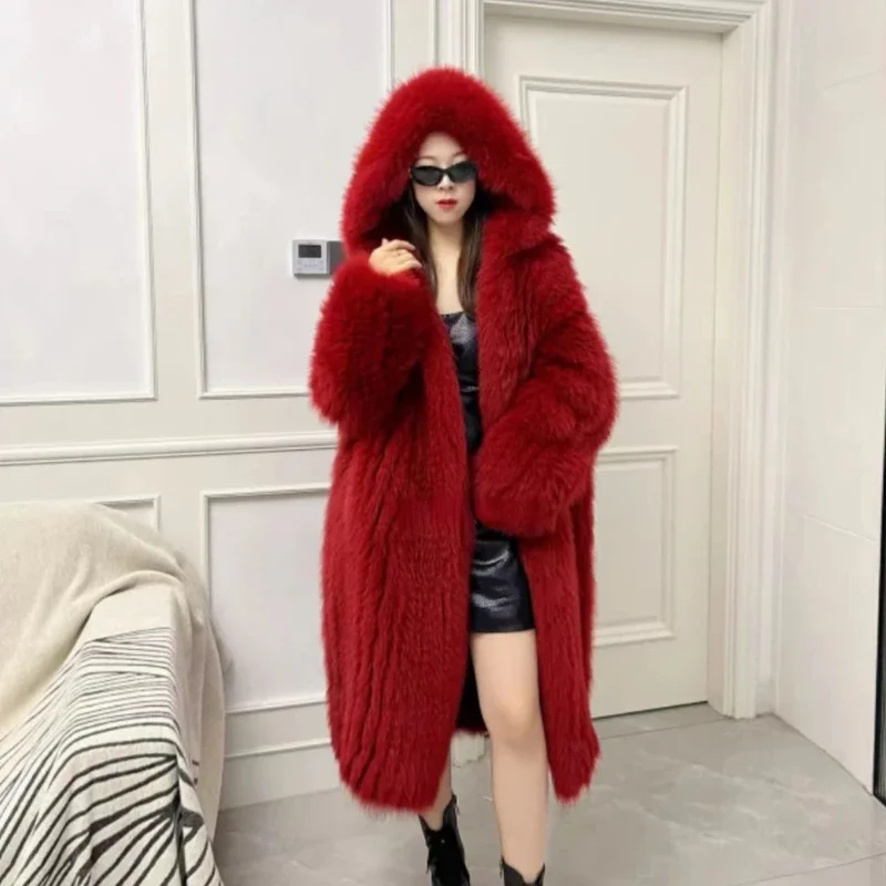 Luxury Winter Long Overcoats Women Oversized Lapel Hooded Faux Fox Fur Coat Jacket Female Large Size Outerwear Plush Fur Coats