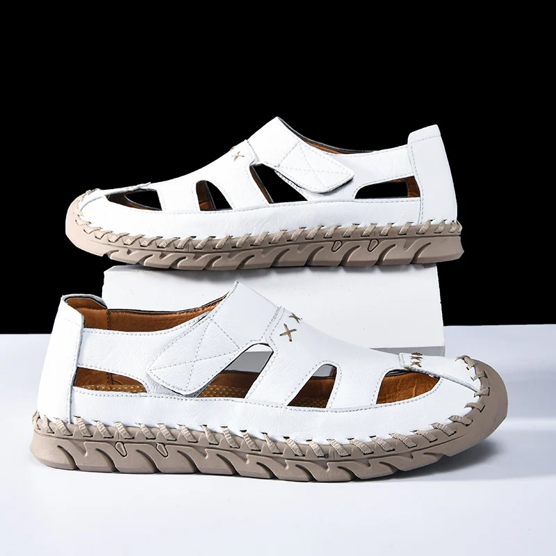 صنادل جلدية رومانية صيفية للرجال - نعل ناعم غير قابل للانزلاق كاجوال للرياضات الخارجية والقيادة على الشاطئ