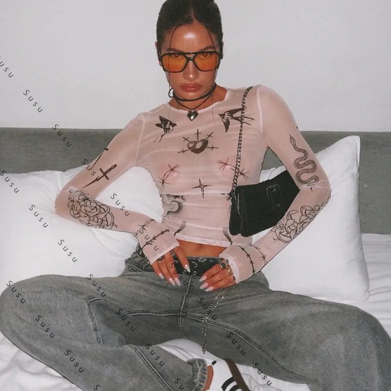 

2025 New Spring and Summer Fashion Trend Graffiti Printed Mesh Perspective Long Sleeve Slim Crew Neck Top Women