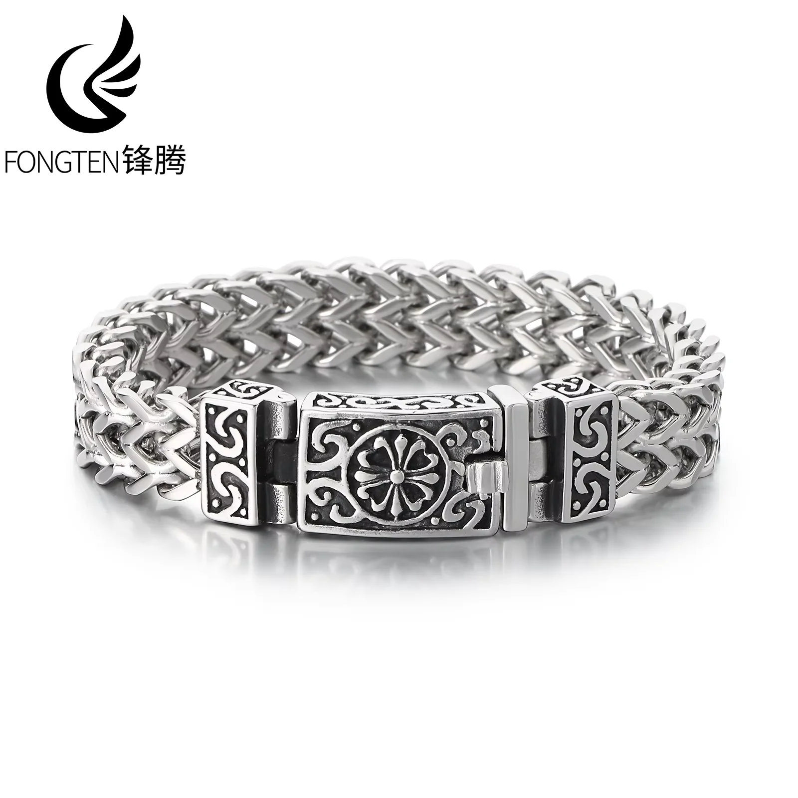 

Fongten Personalized Square Fish Scale Titanium Stainless Steel Bracelet Skull Punk Men's Retro Pattern Bangle Fashion Jewelry