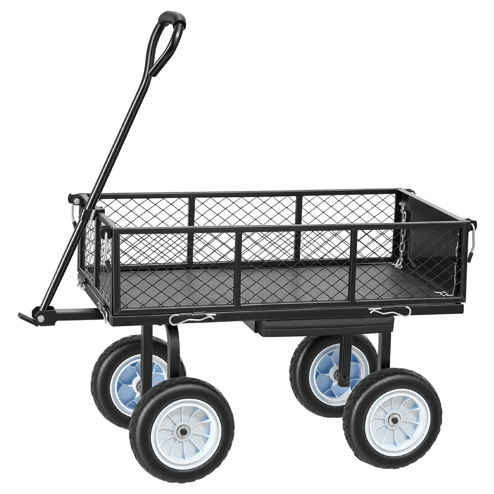 Garden Cart with Seat, 500 LBS, Rolling Steel Work Wheels, Heavy Duty Stool, Tool Tray & Adjustable Handle, Outdoor Yard Wagon