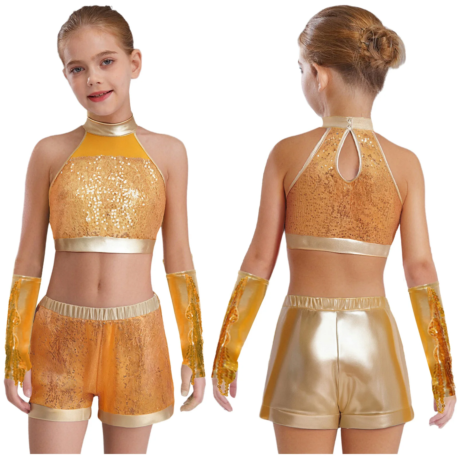 

Kids Girls Jazz Tango Dance Performance Set Sleeveless Keyhole Back Glittery Sequin Crop Top+Shorts+Gloves 3-piece Dancewear Set