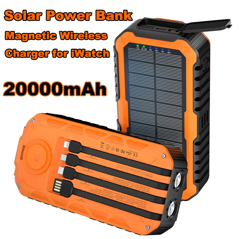 

20000mAh Solar Power Bank with Cables 22.5W Fast Charger For iPhone 17 Samsung Magnetic Wireless Charger for iWatch Apple Watch