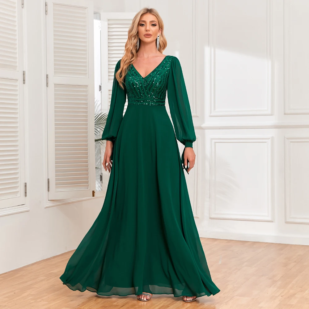 

Women's Elegant Double V-neck Full Sleeve Formal Dress Sequin Chiffon A-line Bridesmai Long Party Dress