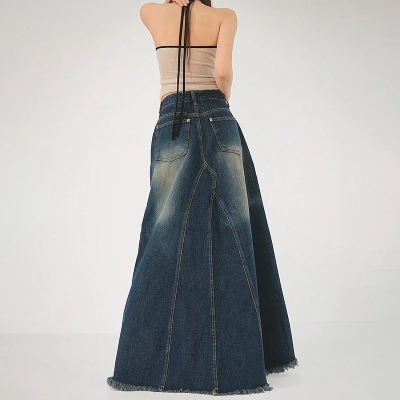 

New Vintage Women Jeans Skirt Stylish Harajuku Floor-Length A-line Denim Skirts Korean Style Female Maxi Skirts Outfits NWQ51