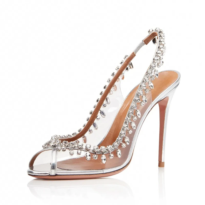 

New Summer Women's High-heeled Sandals PVC Fish Mouth Open-heeled High-heeled Single Shoes Chain Diamond Fashion Shoes