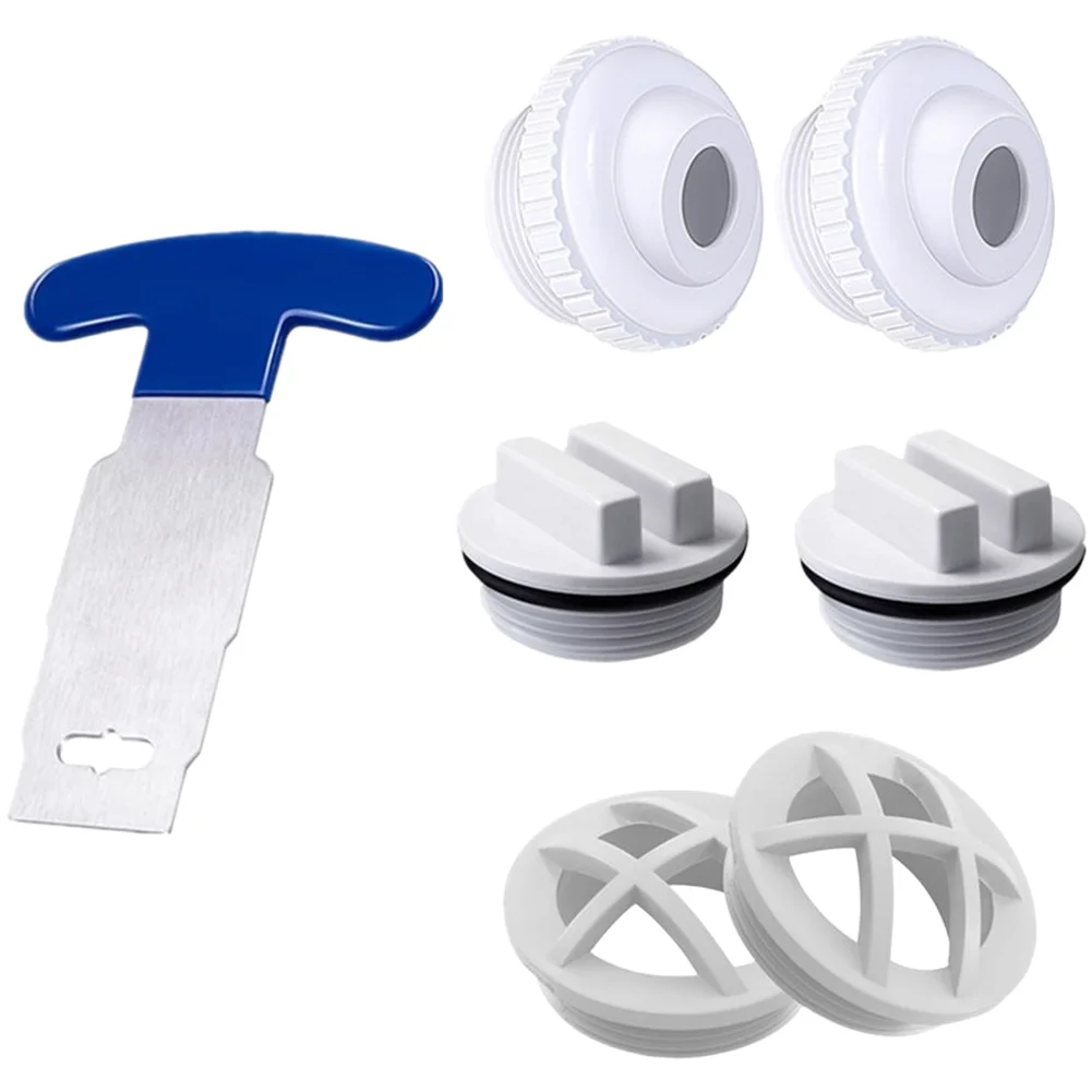 7 Piece Blue Plastic Swimming Pool Inlet Kit With Nozzle Drain Stopper Grating And Removal Tool For Water Circulation Maintenanc
