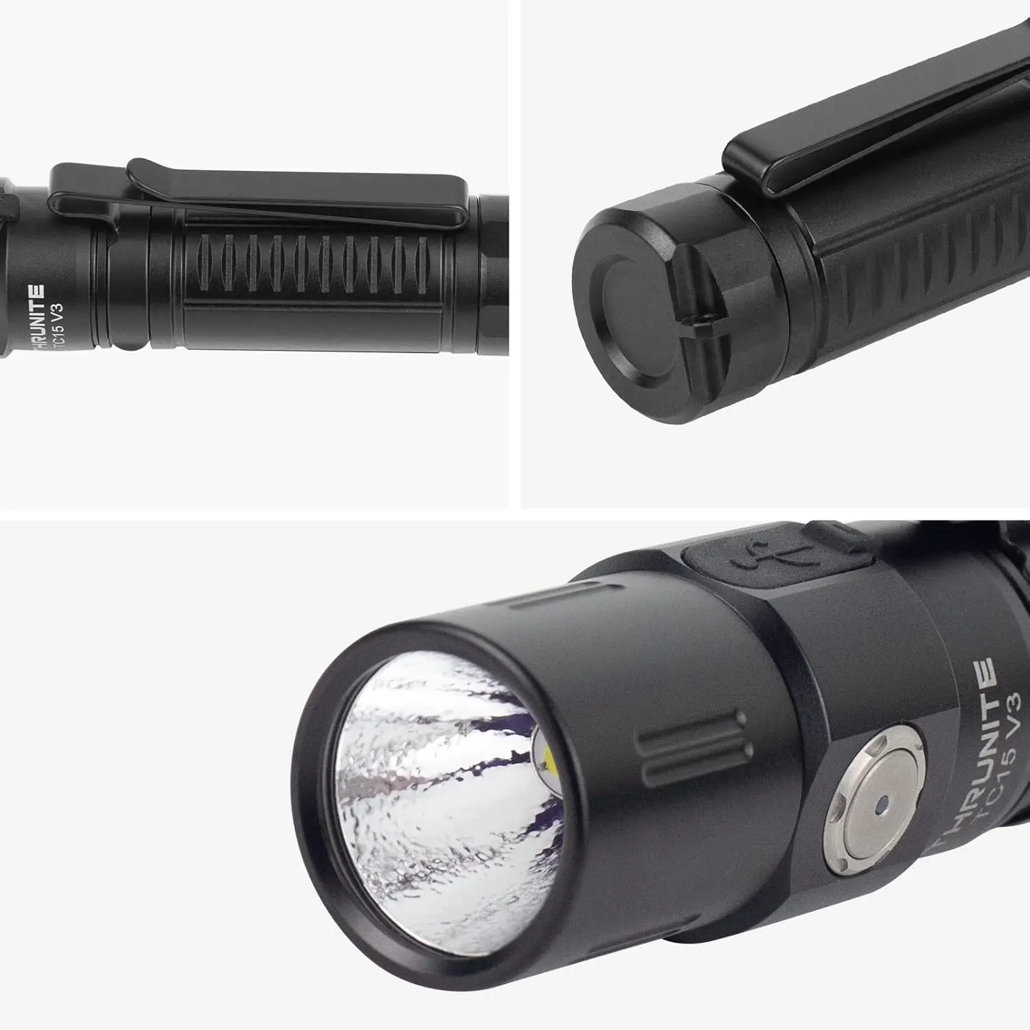 USB-C wiederaufladbare Taschenlampe mit hohem Lumen, ultrahelle LED für Camping, Sicherheit, Notfall, Kühlweiß, Schwarz