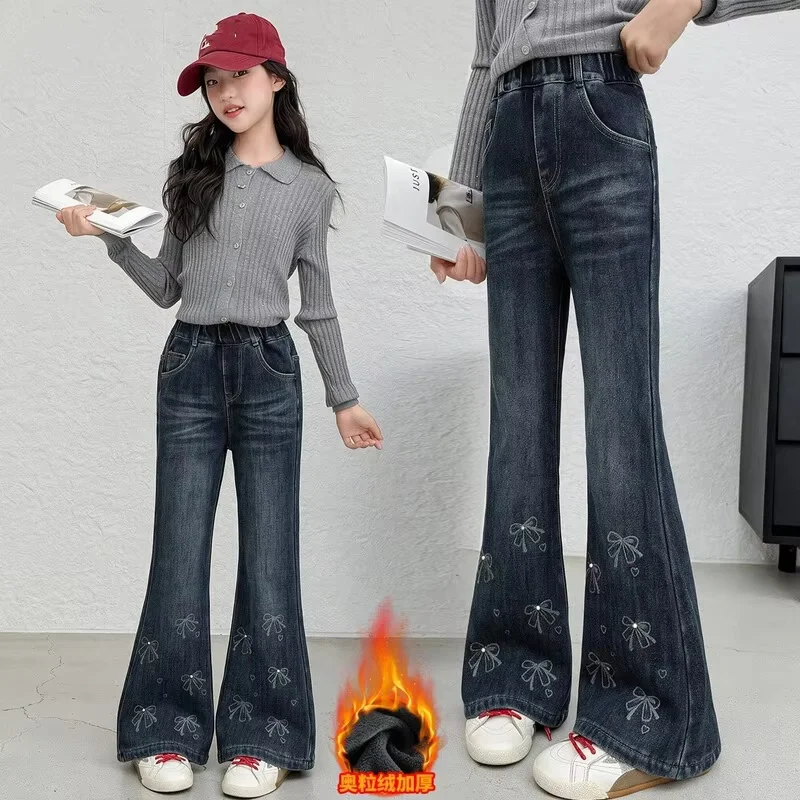 Kids Winter Jeans with Bow for Girls Fleece Warm Denim Pants Children Thick Thermal Trousers Spring Autumn Jeans for Teenager