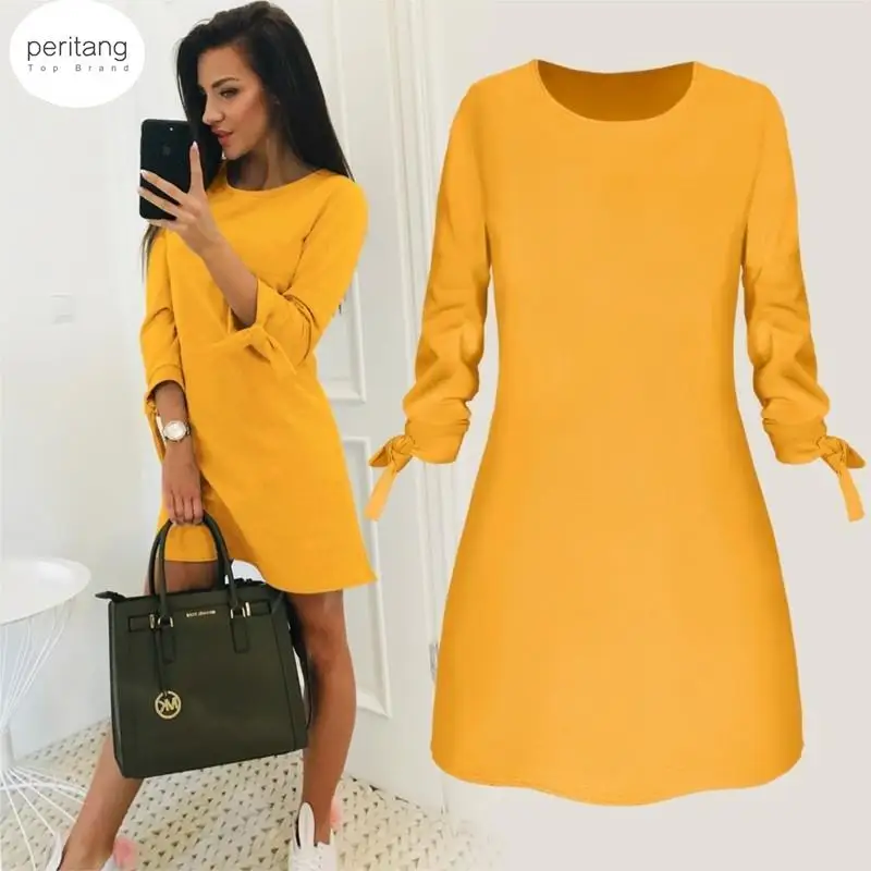 

Women's O-neck Solid Color Dress Spring Fashion Loose Mini Dresses Casual 3/4 Sleeve Bow Elegant Straigth Female Vestidos Female