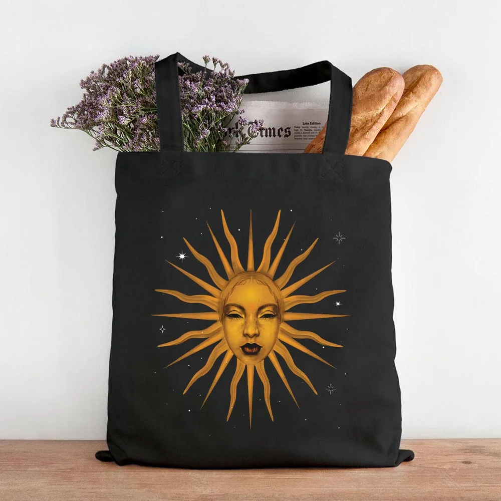 Vintage Celestial Golden Sun Face Moon Star Art Women Canvas Shoulder Bags Harajuku Handbag Tote Eco Shopper Cotton Shopping Bag