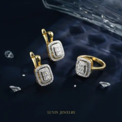 Trapezoidal stone Design Fashion Jewelry Earrings Ring Sets For Woman Copper Plated 14K Gold 2 Color For Luxury Wedding‘s Gifts