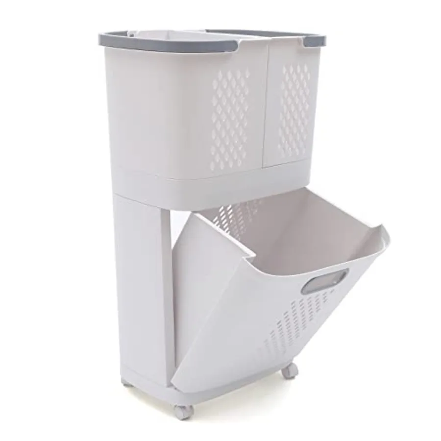 

2 Tier Laundry Basket With Wheels, Movable Household Plastic Laundry Hamper Bathroom Clothes Storage Basket, Floor-Standing Han