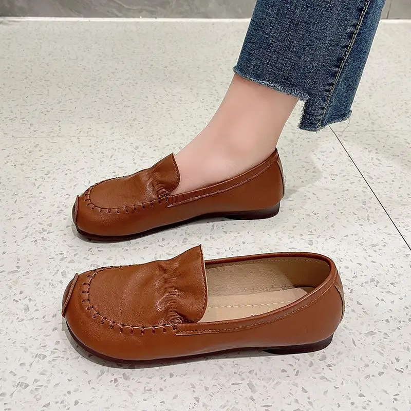 Shoes for Women Leather Flat Woman Footwear Round Toe Off White Loafers Vulcanized Free Shipping Promotion High Quality Urban 39