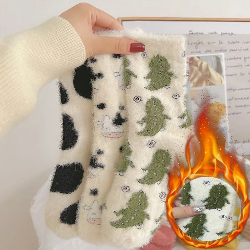 3/6 Paar Winter-Socken für Damen, niedliche Cartoon-Kuh-Socken aus Nerzvelours, weiche, mittelhohe Socken, flauschige, thermische, weiche Dinosaurier-Socken – Detail 1