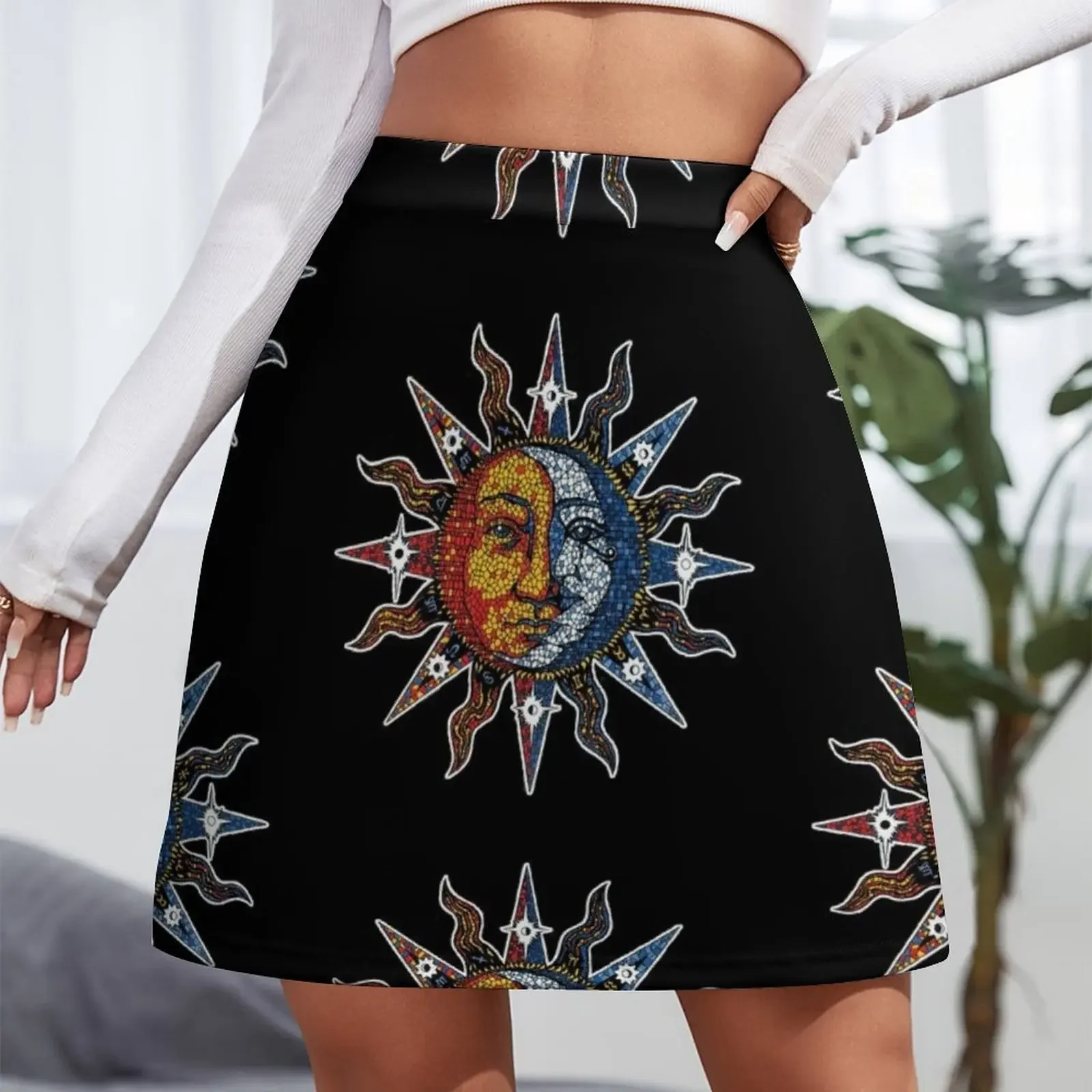 Celestial Mosaic Sun/Moon Mini Skirt skirts for women korean ladies summer Skirt satin