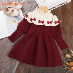 Bear Leader  Kids Dresses for Girls Winter Lace Bow Spliced Sweater Princess Dress Birthday Party Christmas Costume