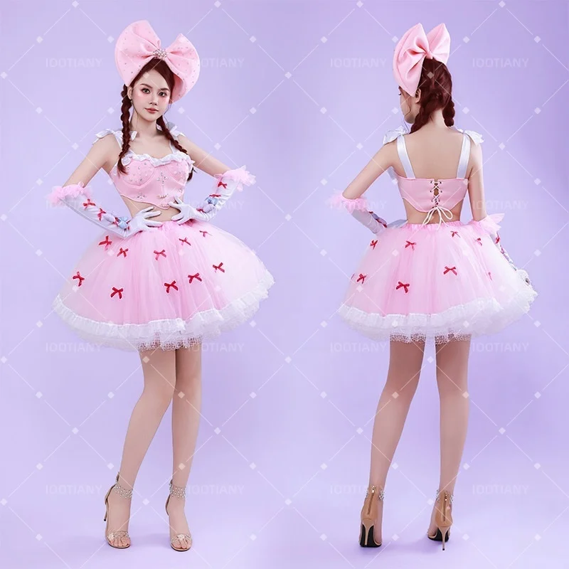 Women Sweet Lolita Costume Set Ruffled Beaded Crop Top Bow Decor Tulle Tutu Skirt Halloween Carnival Rave Party Stage Outfit