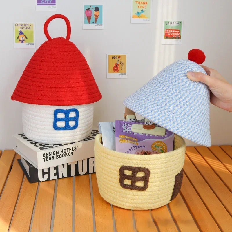 Cute Covered Small House with Cotton Thread Storage Basket, Home Miscellaneous Storage Box, Desktop Coffee Table Storage Basket