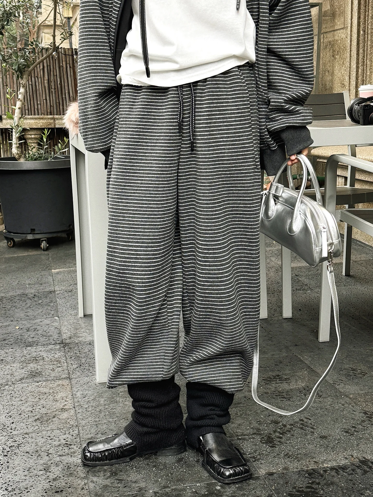 

Spring new Korean retro casual striped drawstring elastic straight leg casual pants with loose silhouette for women