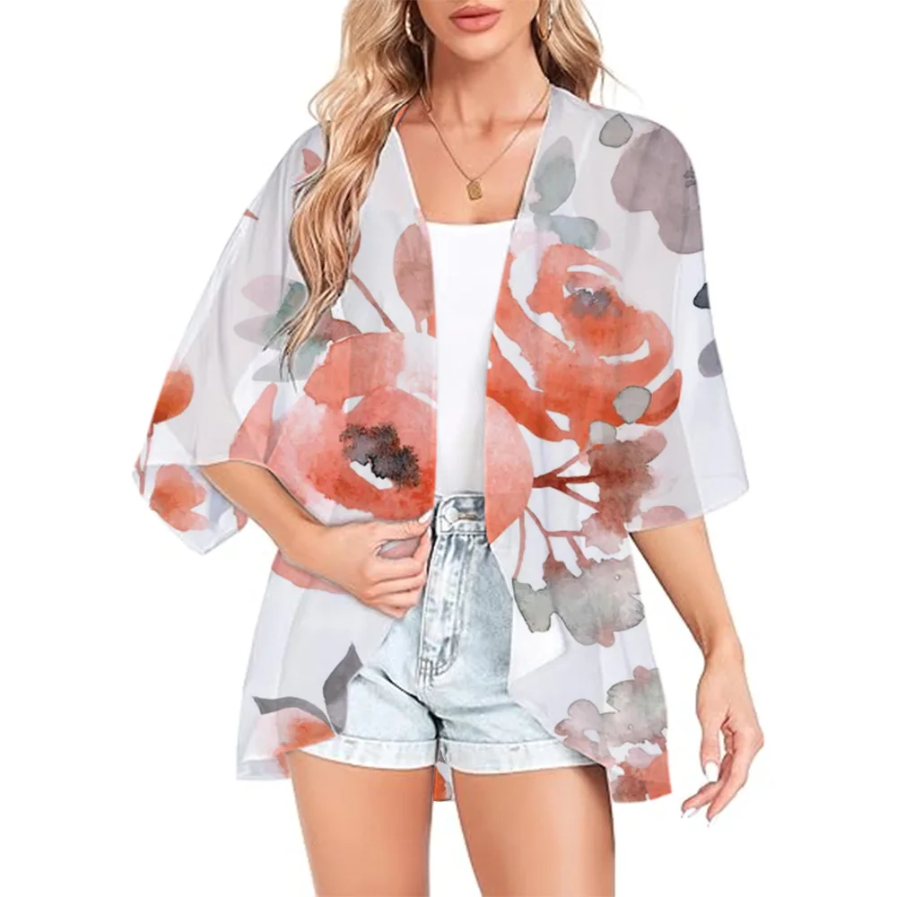 Chiffon Women\'s Kimono Bohemian Floral Printed Shawl Capes Coat Summer Kimono Chiffon Cover Up Cardigan Shirt Tops Beach Party